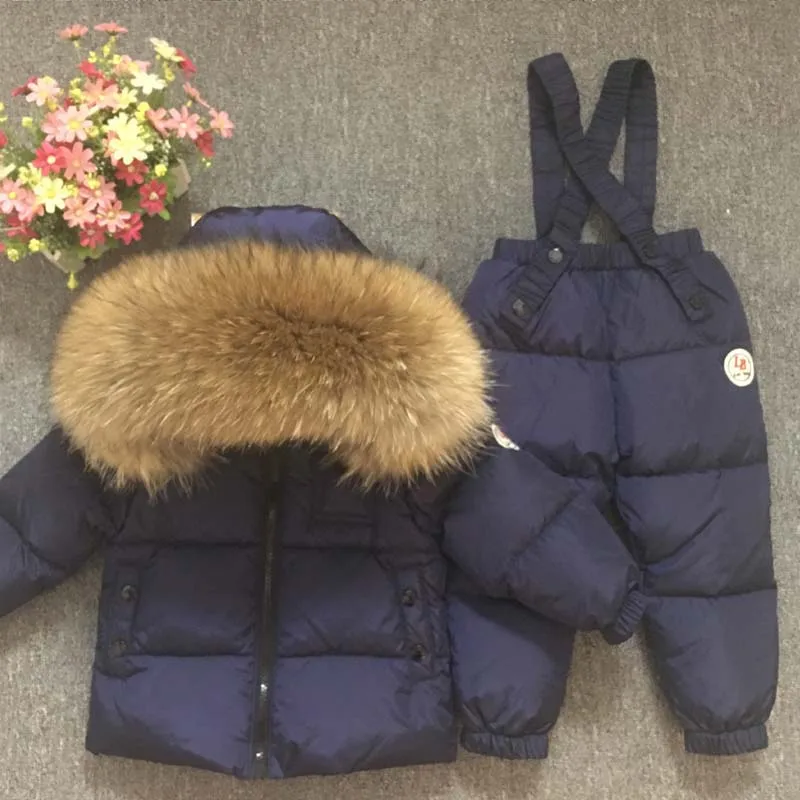 Winter Children\'s Sets Boy Girl Child\'s Baby Thick Down Jacket  Animal Hair Full Collar Ski Suit Top and Trousers12m-9t