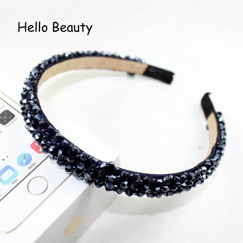 Shiny Pink Black Full Crystal And Beads Headbands Luxury Hair Jewelry Handmade Rhinestone Hairbands For Women Girls