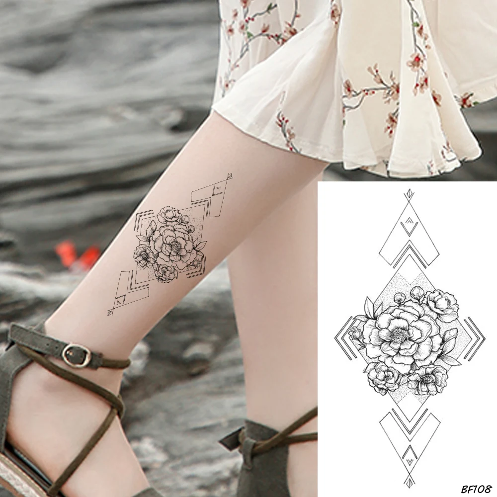 Pencil Sketch Temporary Women Black Tattoo Geometric Floral Arm Art Tattoo Stickers Triangle Lotus Bracelet Fake Tatoos 3D Ankle