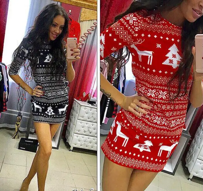 

Summer Desses 2022 New Fashion Women Casual Christmas Deer Printed Floral Mini Dress Three Quarter O-neck Sexy Party Dress