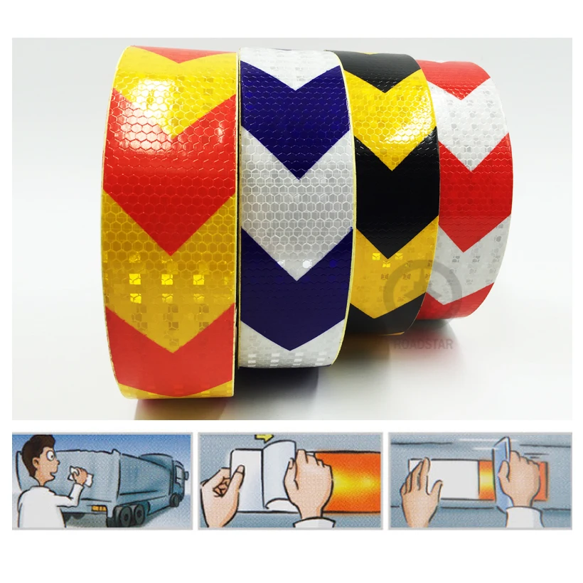 

Roadstar 5cmx50m Reflective Warning Tape with Red White Yellow Red Yellow Black And Blue White Color Arrow Printing for Car