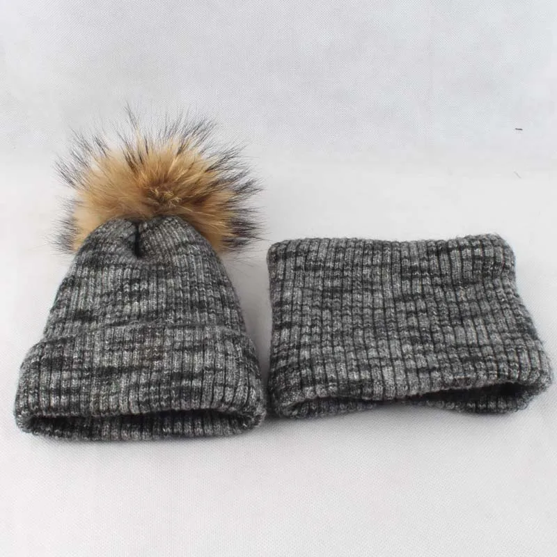 Women's Hat and Snood Winter Fleece Inside Soft Wool Knitted Beanie Cap 100% Mink Fur Pompom Hat Sacrf