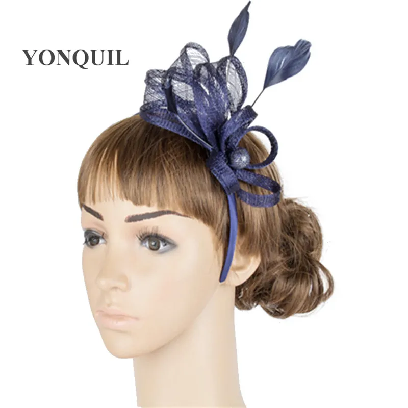 Navy Blue High Quality Fascinators Ladies Womens Nice Feather Hair Accessories Sinamay Hats RED Wedding Headwear Hair Pins