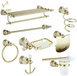 Golden Polished Brass & Crystal Bathroom accessories Bath Hardware Set Towel Rack Towel Bar Paper Holder Soap Dish JM2221