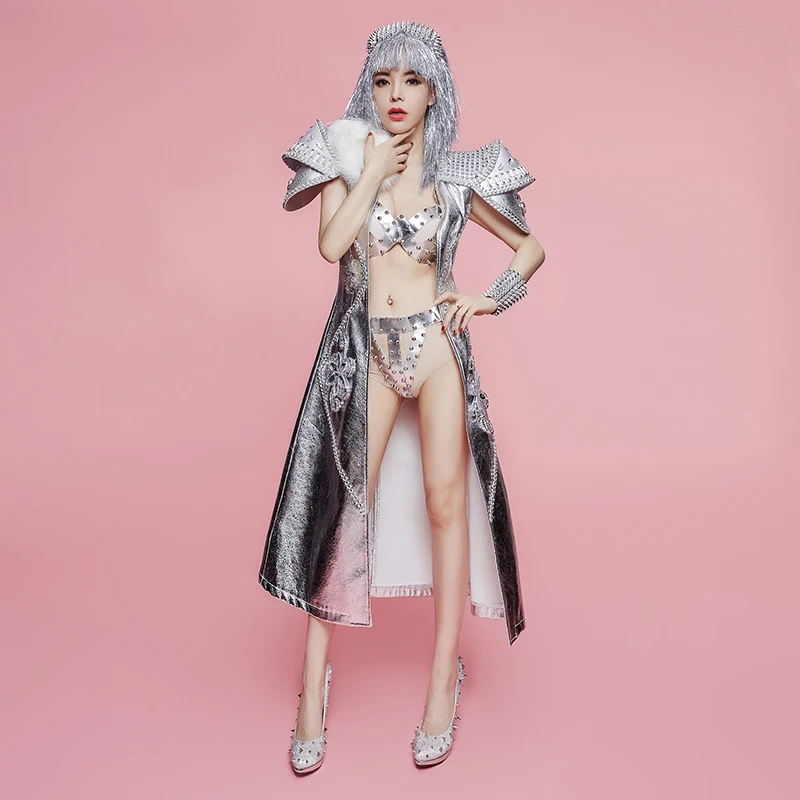 Silver Rivets Leather Bra Short Shrugged Stone Long Jacket Women's Set Female Singer Dance Party Wear Nightclub Show Outfit Sets