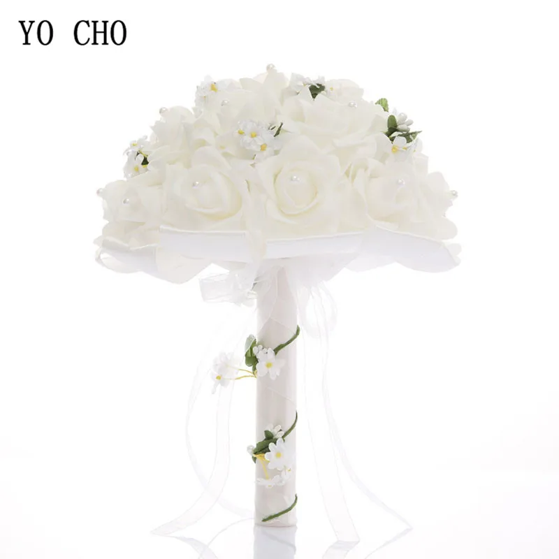 YO CHO Casamento Nupcial Buquê De Espuma Rosas De Seda Branca Casamento Damas De Honra Buquês Flores Artificiais Casamento Suprimentos Buquês