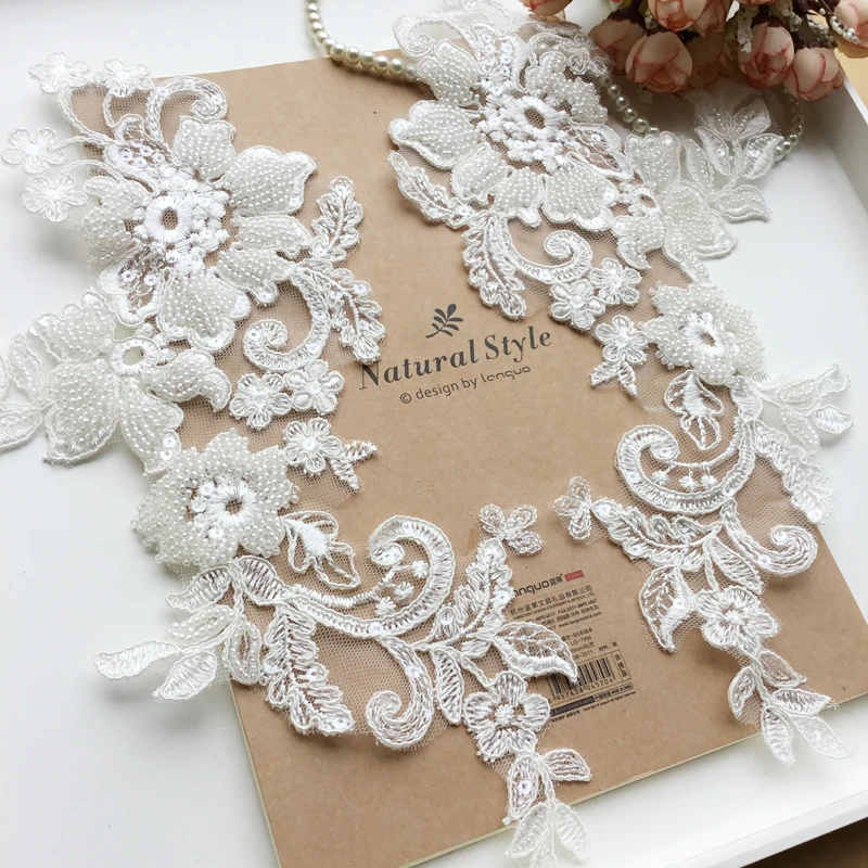 30*15.5CM Luxury beaded car bone lace flower wedding dress applique veil headdress accessories