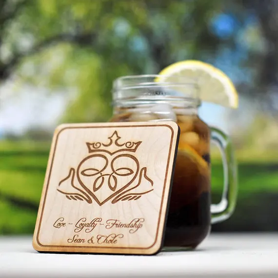 Personalized Laser Engraved Wooden Coaster With Claddagh Design