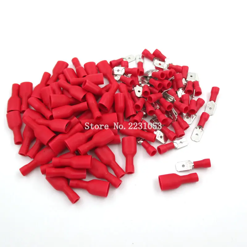 100PCS Red Female Male fasten Insulated Crimp Terminal Spade Electrical & Wiring Connector FDFD1.25-250*50 MDD1.25-250*50