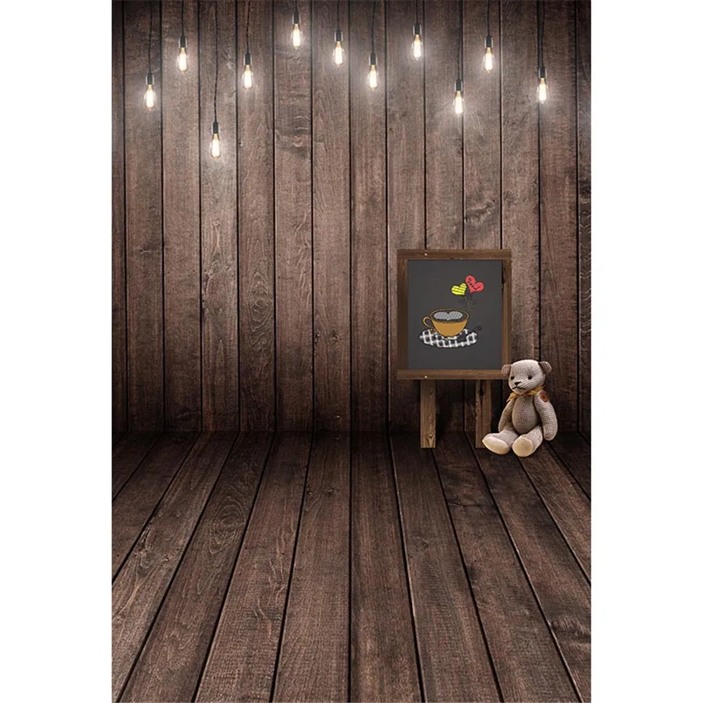 

Vintage Wood Photography Backdrop Vinyl Printed Blackboard Bear Toy Hanging Bulbs Baby Kids Children Photo Background Wood Floor