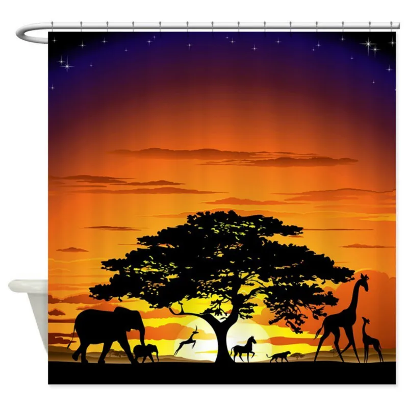 Wild Animals On African Savannah Sunset Shower Cur Shower Curtain Mat Waterproof Polyester Fabric Bathroom Curtain Set Decor