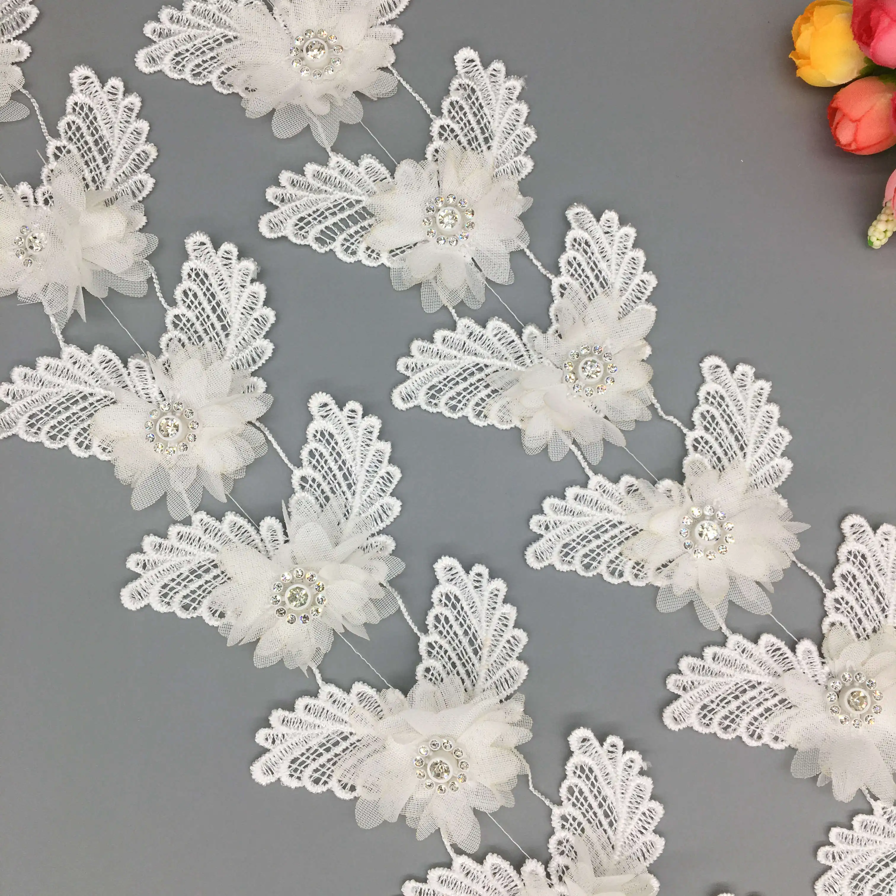 1 Yard Chiffon Diamond Flower Butterfly Lace Trim Ribbon Fabric Handmade Embroidered Applique Wedding Dress Sewing Craft Decor