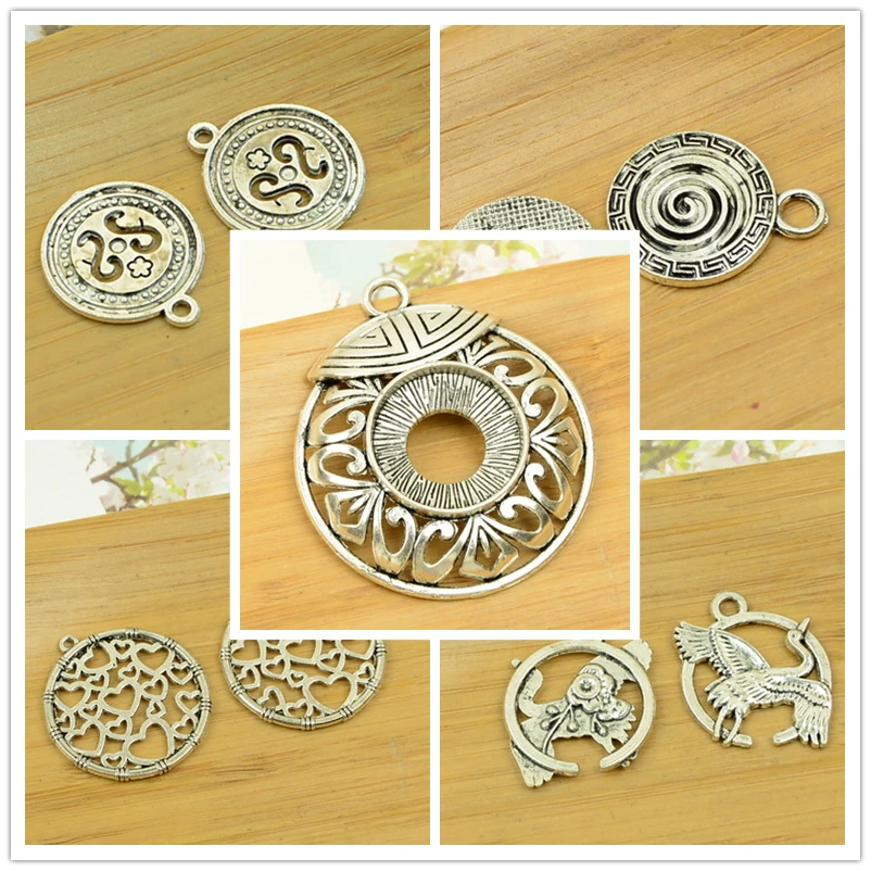 hollow carved out round shape antique silver DIY alloy charm pendant vintage jewelry making accessories findings necklace beads