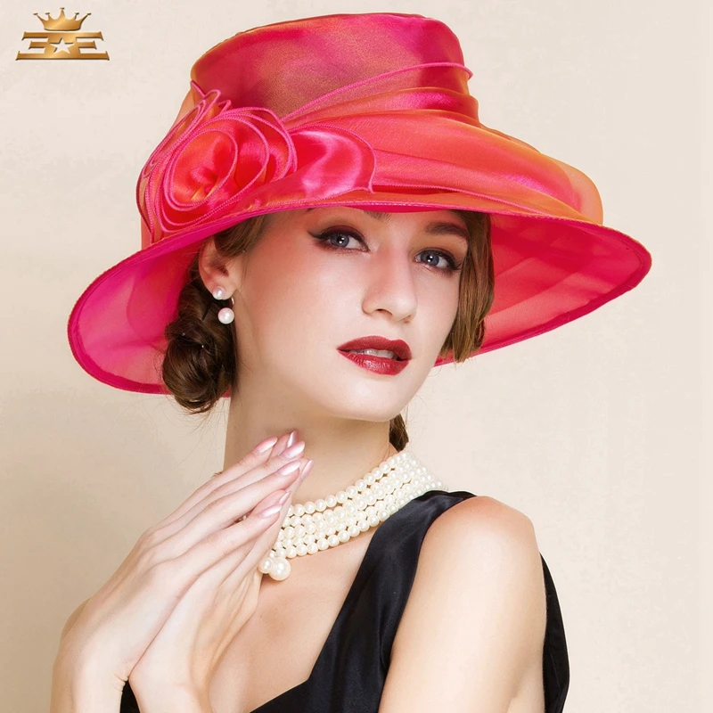 

Lady Summer Red Organza Hat Women Elegant Flower Wide Brim Kentucky Derby Hats Lady Vintage Church Chapeau Feminino Cap B-8240