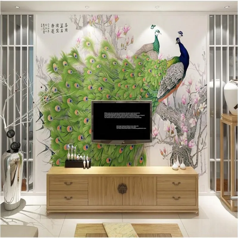 wellyu Custom large fresco high-definition magnolia home and jade carving rich peacock TV background wall  fabric wallpaper