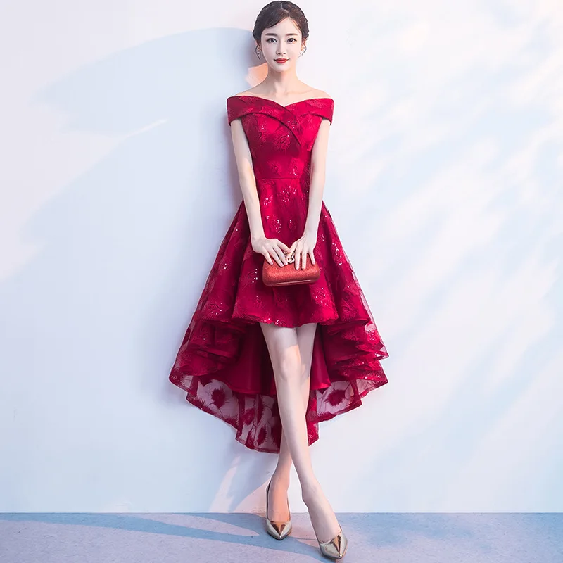 

Burgundy Chinese Oriental Off Shoulder Short Wedding Women Sexy Cheongsam Evening Dress Elegant Princess Dresses Modern Qipao