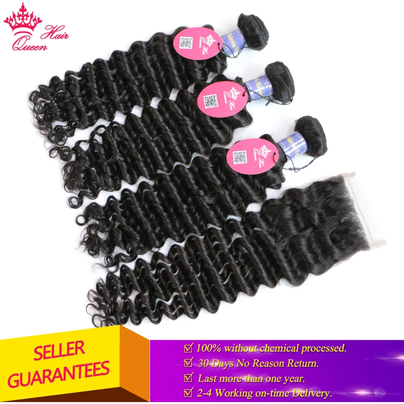 Queen Hair Products Malaysian Deep Wave Bundle with Lace Closure Virgin Raw Hair Deep Curly Wave Human Hair Bundles With Closure