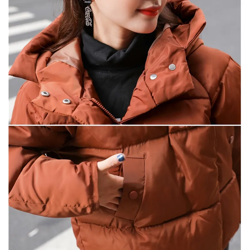 UHYTGF Winter Jacket Parka Women's Casual Pocket Hooded Outerwear Zipper Streetwear Parkas Warm Short Cotton Overcoat Female 145