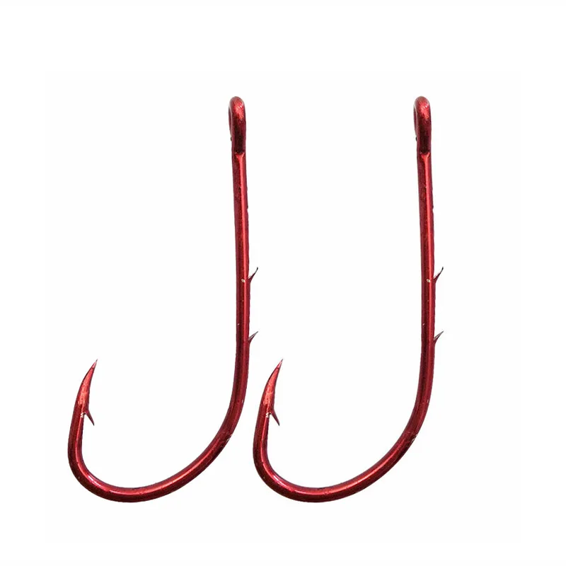 JSM 50pcs 92247 High Carbon Steel Fishing Hooks Red Offset Long Barbed Shank Baitholder Bait Fishing Hook Size 1 2/0 3/0