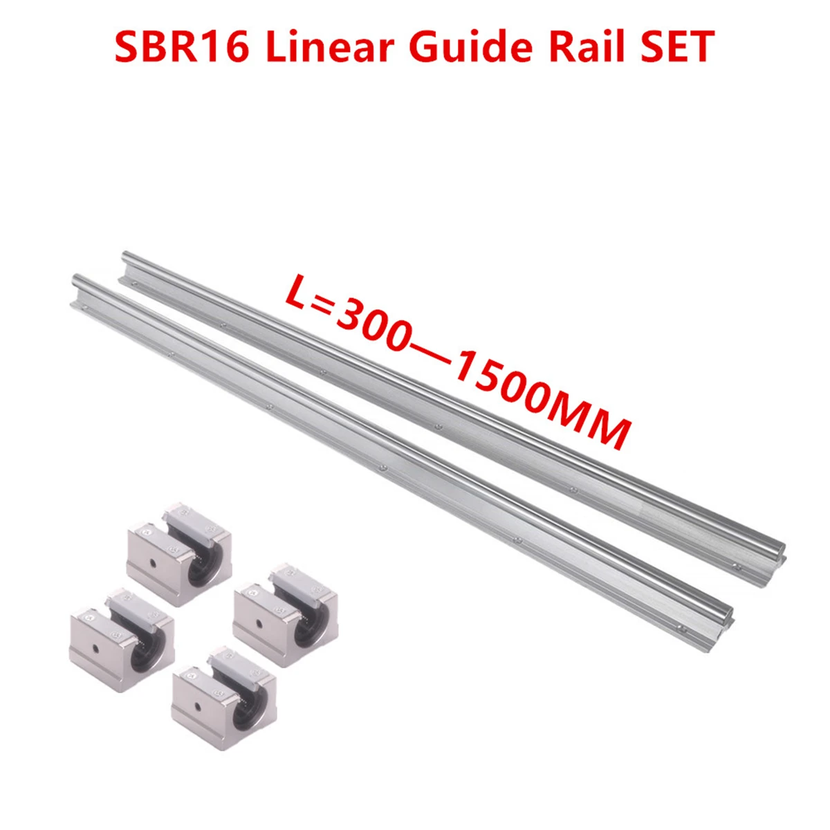 2Pcs SBR16 Linear Rail Guide 300 400 500 600 1000 1200 1500mm + 4pcs SBR16UU Linear Bearing Block Linear Rail Set