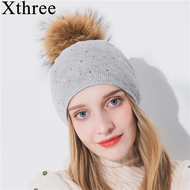 

Xthree new winter knitted hat for women warm skullies wool beanie hat for girl real Raccoon fur pom pom hat female cap thick