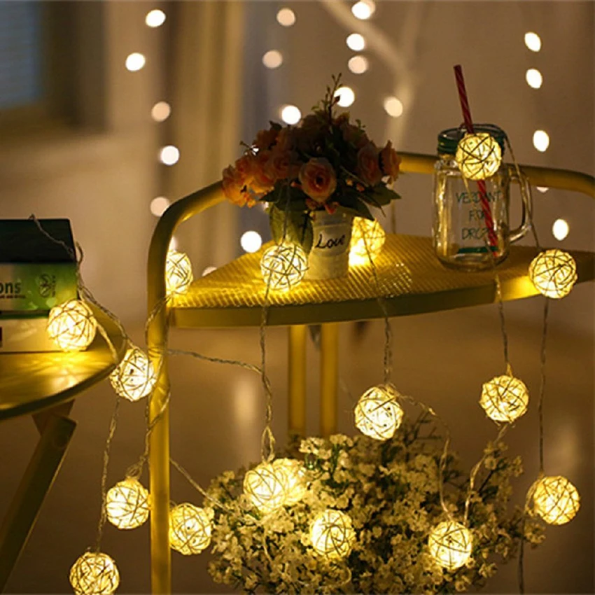 10/20leds Rattan Ball string lights garland Cotton Ball Holiday lights For Party Christmas Navidad Wedding New Year Decoration