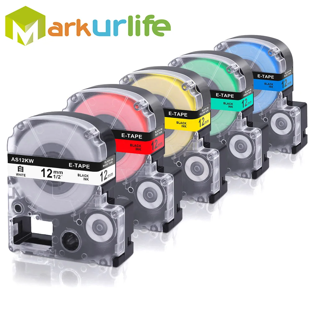 5PCS 12mm*8m label tapes SS12KW SC12YW SC12RW SC12GW SC12BW for Epson LabelWorks Cartridges & Ribbons Multi-Color label maker