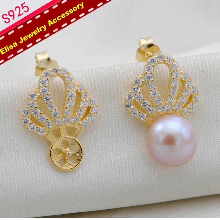 Classic Crown Stud Earrings Findings S925 Sterling Silver Pearl Earrings Components Silver&Gold Color 3Pairs/Lot