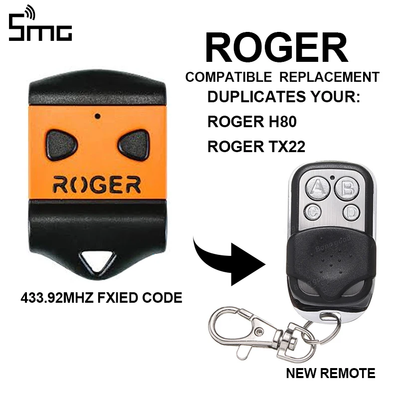 ROGER H80 E80 TX22 TX54R TX52R Garage Door Opener Gate Remote Control Sliding Cover Dustproof Duplicator 433.92 433mhz 4 Channel