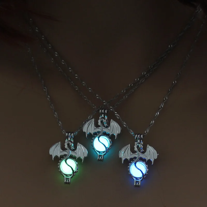 Women Luminous Necklaces Glow In The Dark Flying Dragon Stone Cage Pendant Necklace For Ladies Fashion Jewelry Accessories