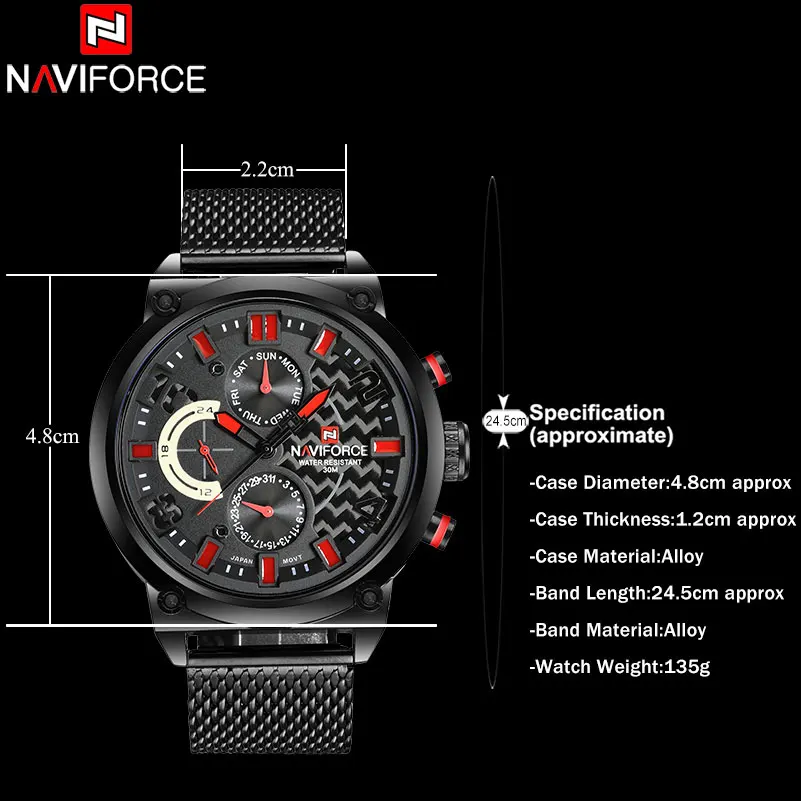 NAVIFORCEC Men 30M Waterproof Sport Watch Men\'s 24 Hour Quartz Watches IP Black Stainless Steel Mesh Band Auto Date Wristwatches