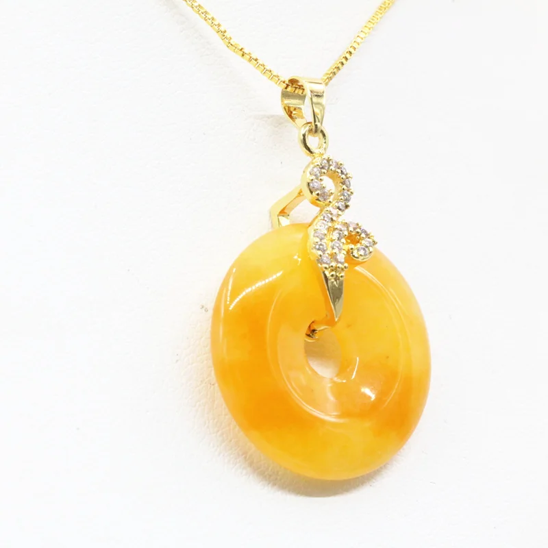 Lucky 25mm Women Pendant Chain Yellow Natural Stone Jades Chalcedony Reiki Pendulum Round Circle Pendants Amulet Jewelry B3352