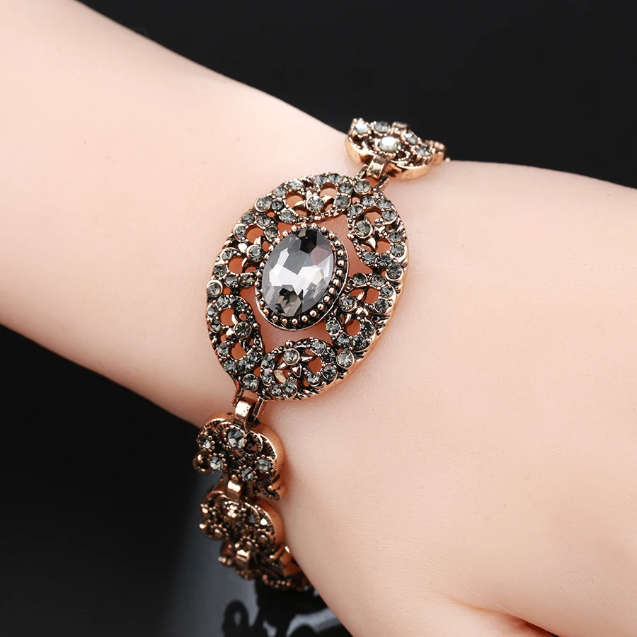 Kinel New Vintage Cuff Bracelets For Women Antique Gold Color Gray Stone Flower Bangle Spring Indian Turkish Wedding Jewelry