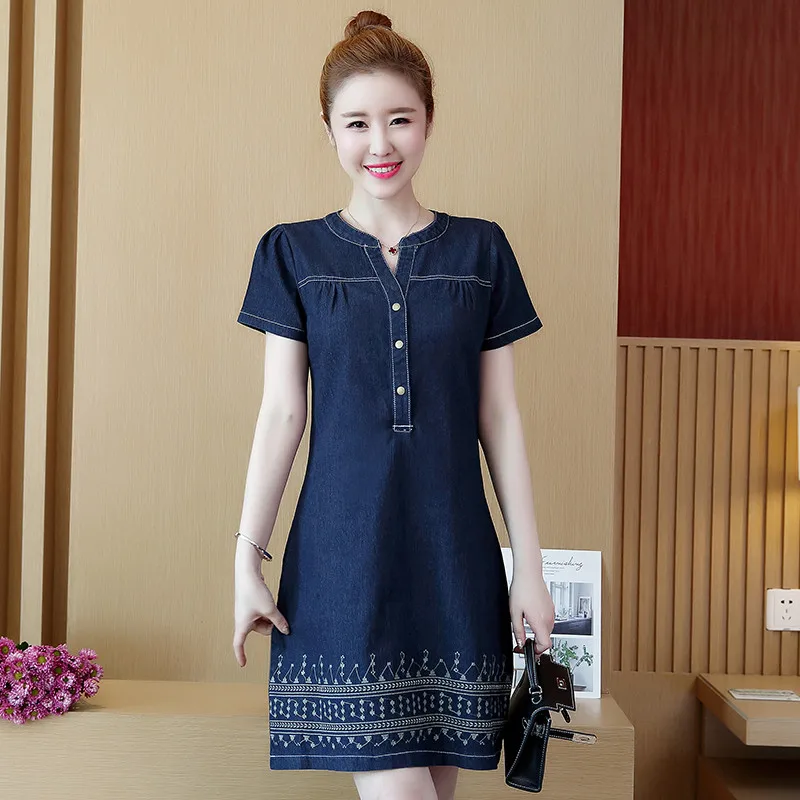 Denim Dress for Women 2022 New Summer Casual Jeans Dress Embroidery With Button Sexy Denim Mini Dress Vestidos 5XL R96