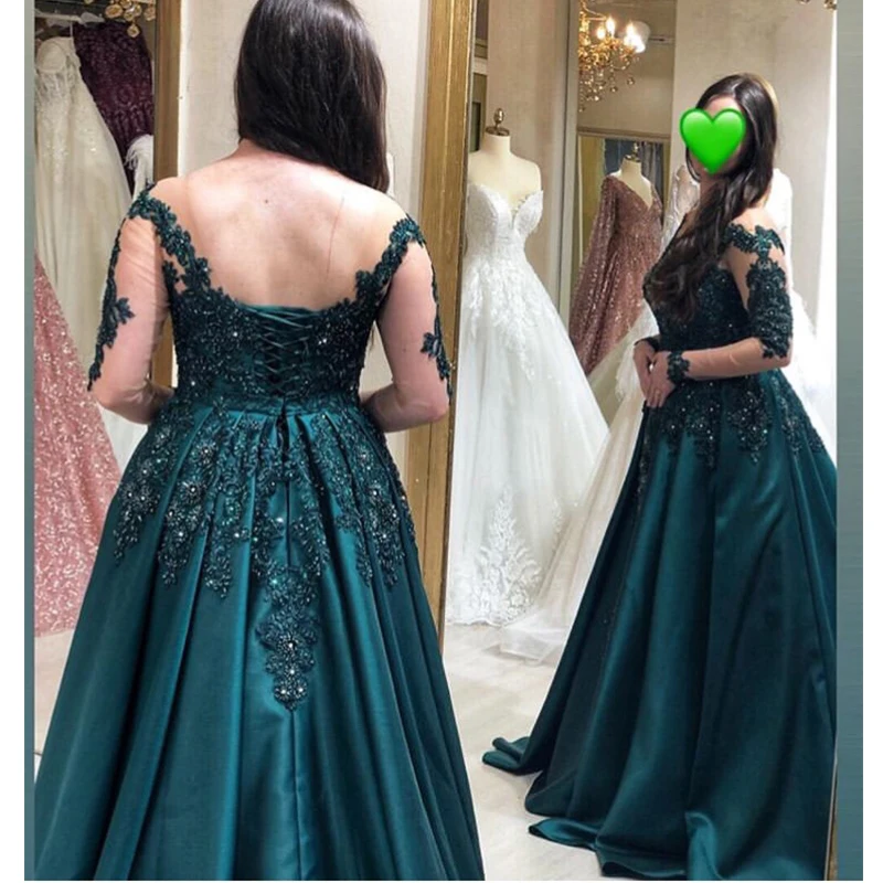 2019 Dark Green Prom Dresses With Long Sleeves Appliques Beaded Special Occasion Party Dress Chapel Train Royal Formal Prom Gown