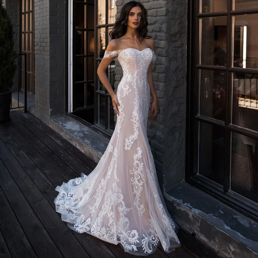 Jiayigong Sexy Zeemeermin Trouwjurk Off The Shoulder Mouwloze Applique Kanten Jurken Gewaad De Mariage Voor Bruid