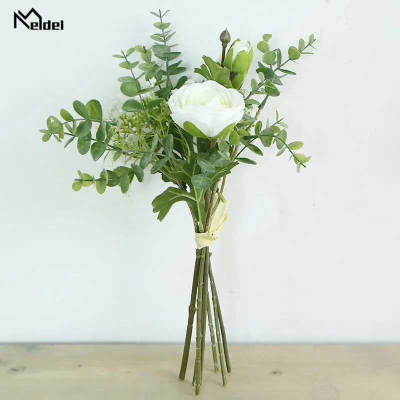 Meldel – Bouquet de mariage main demoiselle d'honneur, fleur artificielle en soie, feuille d'eucalyptus blanche, souffle de bébé, décor de fête pour la maison