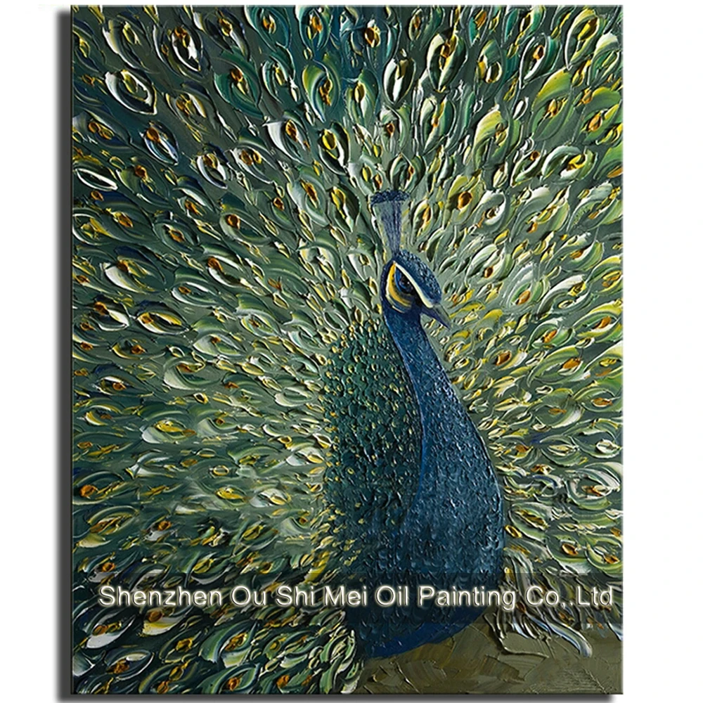 Abstract Oil Painting On Canvas Knife Think Oil Handmade Peacock Open the Green Screen for Living Room Decor Auspicious Animal