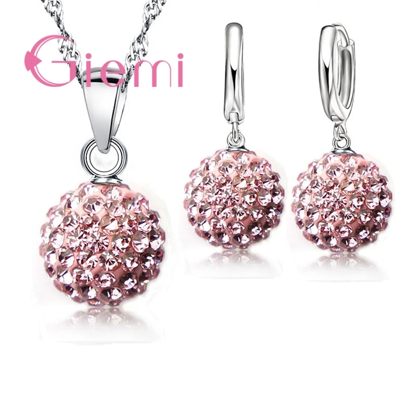 Best Hot New Jewelry Sets 925 Silver Needle Austrian Crystal Pave Disco Ball Lever Back Earring Pendant Necklace Woman