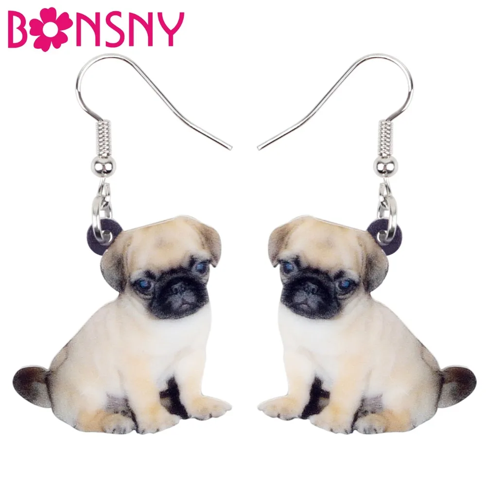 Bonsny Acrylic Sweet Tiny Puppy Pug Dog Earrings Dangle Drop Hot Elegant Novelty Animal Jewelry For Women Girls Teens Pet Lovers