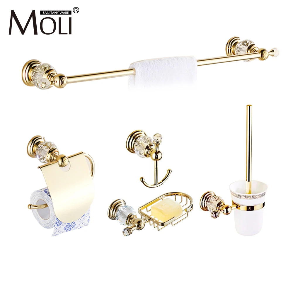 

Gold Finish Crystal Decoration Metal Bathroom Accessories Set Robe Hook Cup Brush Holder Towel Holders Soap Dish Paper Rack ML70