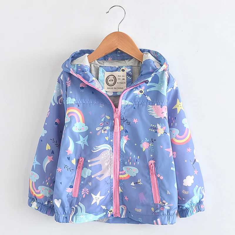 New Spring Girls Jackets And Coats Hooded Unicorn Rainbow Pattern Kids Windbreaker Jackets Autumn Jackets For Girl Children Coat