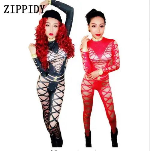 Costume de chanteur et de danseuse pour femmes, combinaison imprimée à bandes, extensible, Sexy, à la mode, noir, rouge