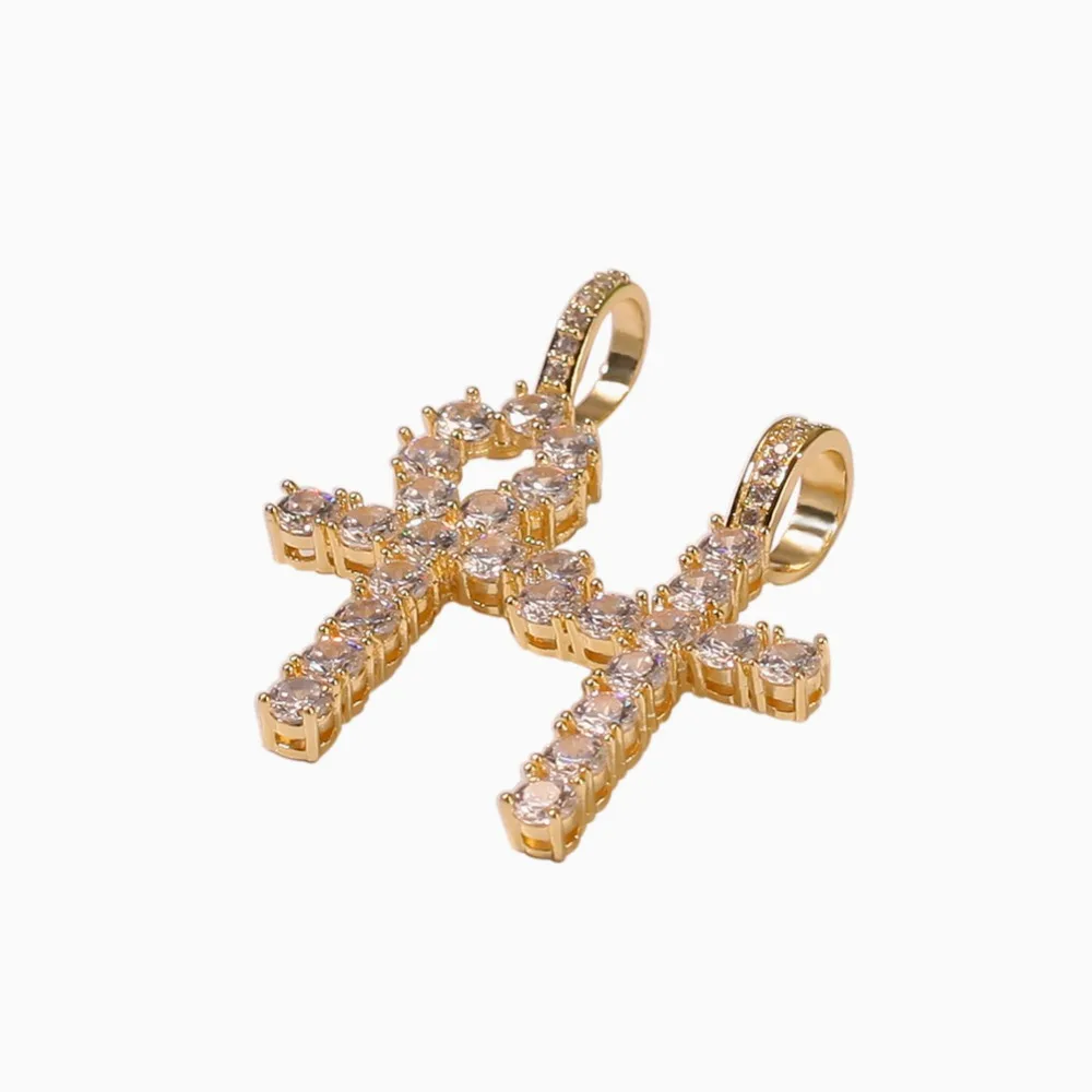 Хип-хоп AAA CZ Stones Bling Ice Out Ankh крест ожерелье два подвески комплект мужские рэперские украшения с 24-дюймовой кубинской цепочкой