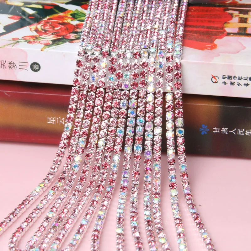 5yards SS8 2.5mm Mix Color Glass Crystal Rhinestone Chain, Silver Bottom Sew on Chains For Jewelry Accessories YHSS8