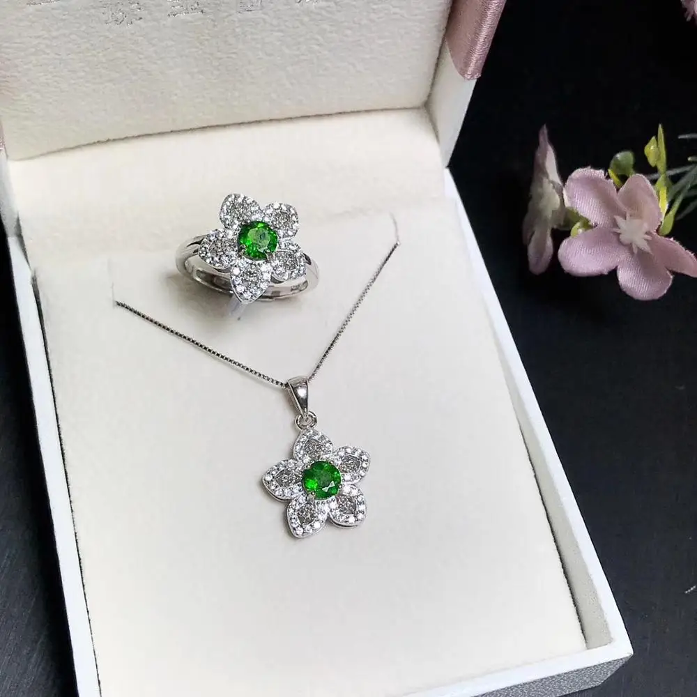 

clear flower shape green gemstone ring and necklace for women jewelry round natural diopside real 925 silver fashion style gift