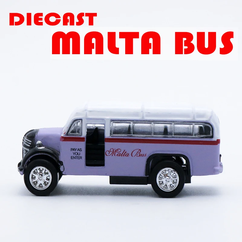 1/64 skala Diecast Classic Mini Malta Bus, zabawki dla dzieci, 5cm metalowy samochód dla dzieci/chłopców jako prezent/pamiątka z funkcją wycofania