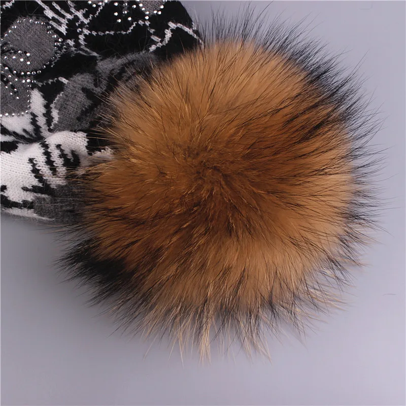 [Xthree]real Raccoon fur pom poms knitted beanie winter hat for women and girl hat thick female Rabbit fur wool cap