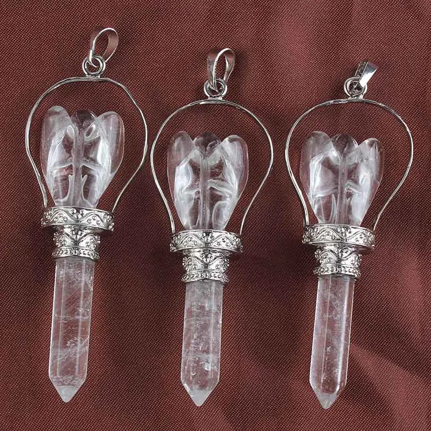 Silver Plated Vintage Scepter Natural Pendulums Hexagon Column Rock Crystal Stone Carve Angel Pendulum Pendant Women Jewelry