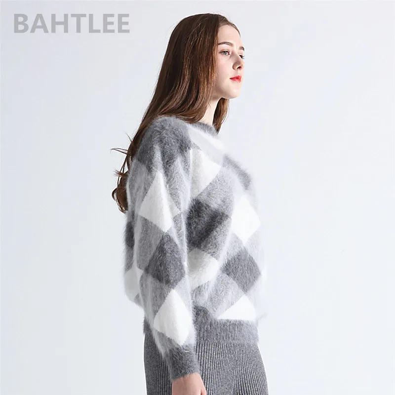 BAHTLEE-Women\'s Angora Rabbit Knitted Lantern Sleeves Pullovers, Sweater, Colorblock Diamond, Geometry Loose Style, Winter